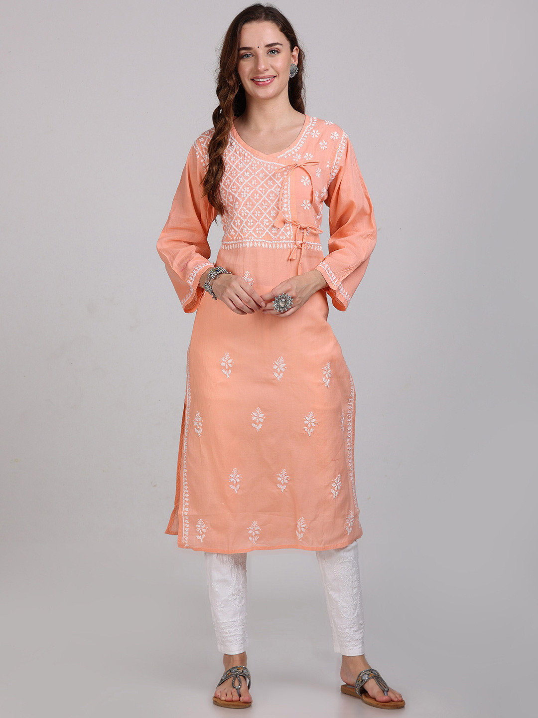 KHAKA Round Neck Long Flared Sleeves Embroidered Straight Kurta