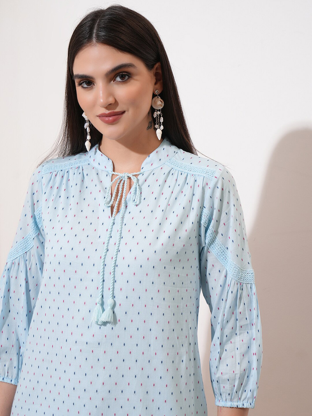 Vishudh Blue Polka Dot Print Tie-Up Neck Cotton Shirt Dress