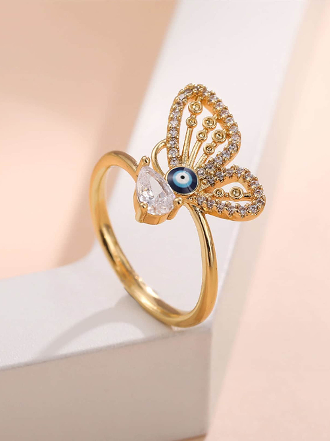 WHITE LIES Copper Plated Rhinestones Evil Eye Butterfly Ring