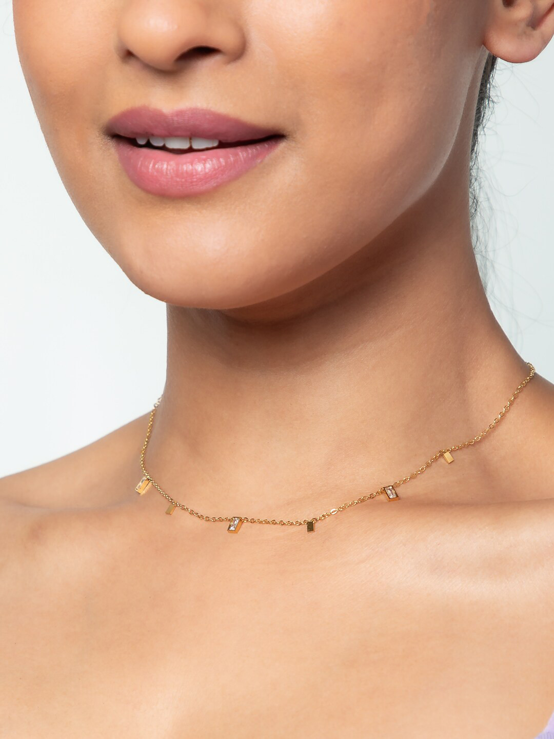 WHITE LIES Gold-Plated Stainless Steel Cubic Zirconia Studded Minimalist Chain
