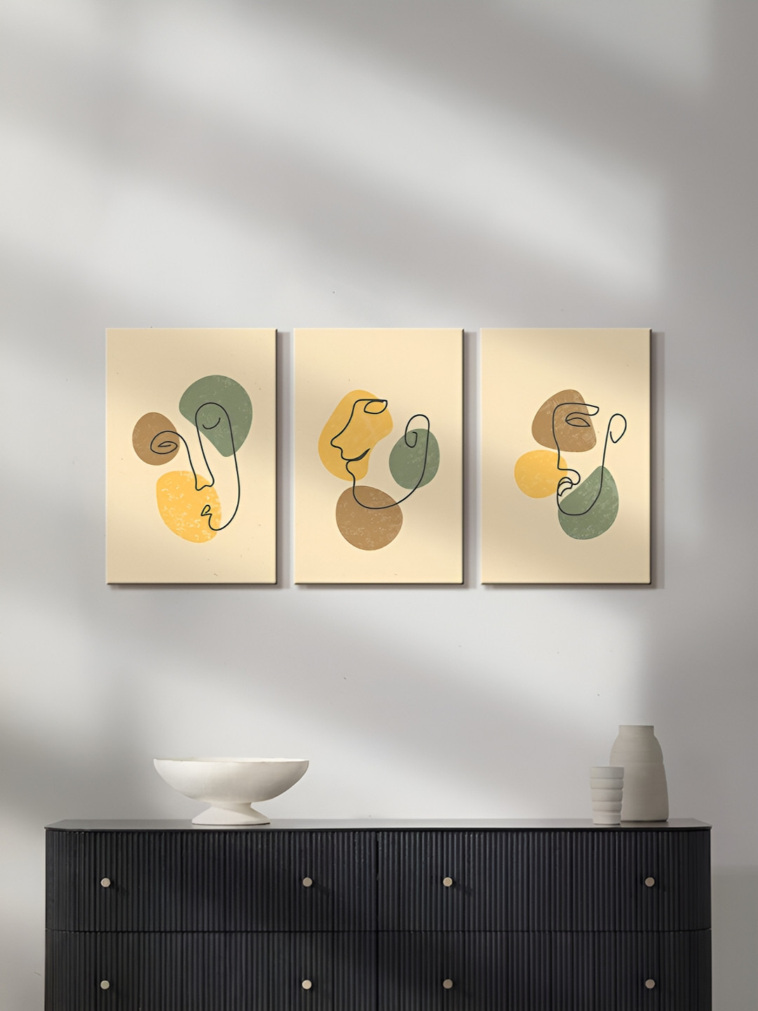 999Store Yellow & Green 3 Pieces Face Line Art Abstract Painting Wall Arts