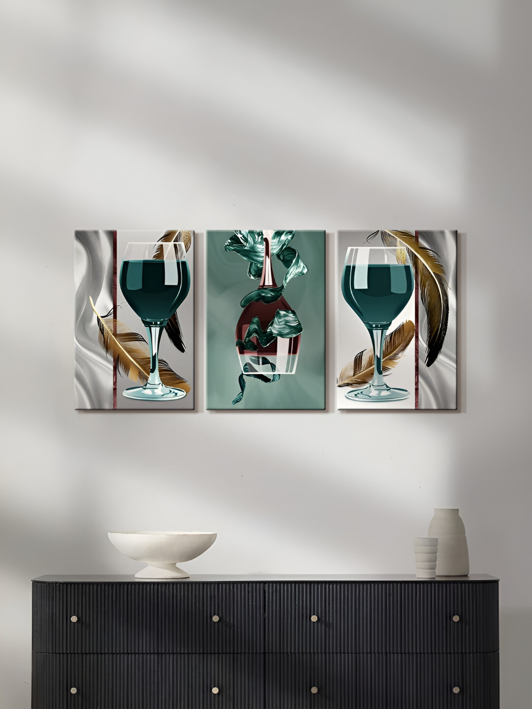 999Store Wine Glass With Feathers Canvas 3 Pcs Rectangle Paintings Wall Art - 16x10In
