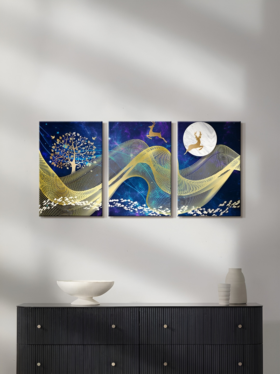 999Store Blue & Gold-Toned 3 Pieces Canvas Wall Arts