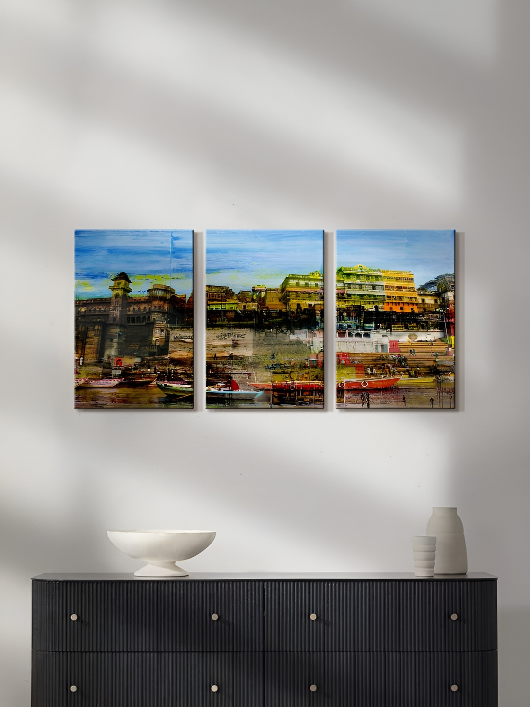 999Store Banaras Ghat Canvas 3 Pcs Wall Rectangle Paintings Wall Art - 16x10In