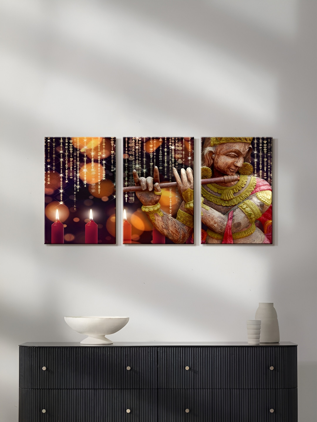 999Store Brown & Red 3 Pieces Lord Krishna Religious Canvas Painting Wall Arts
