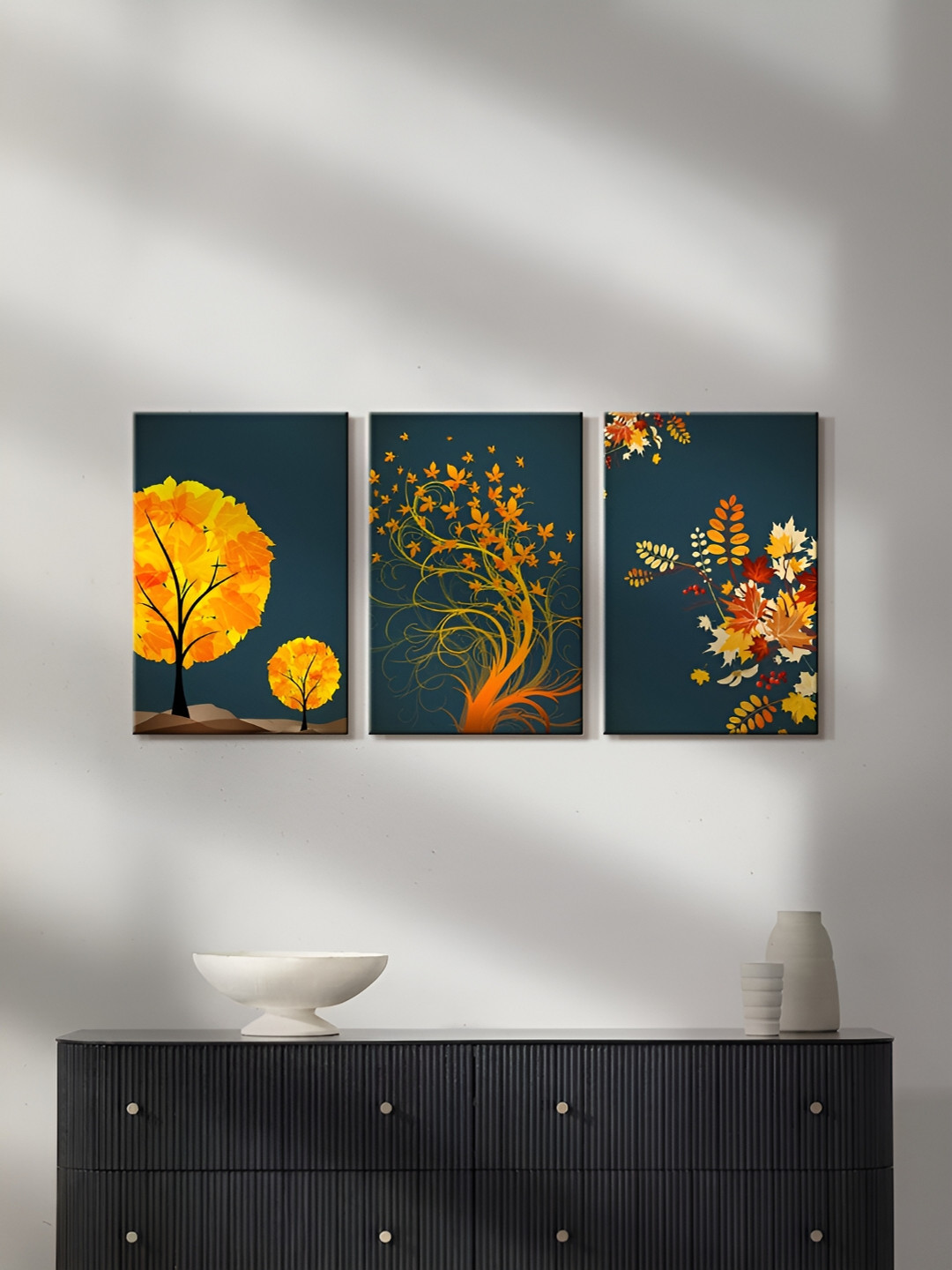 999Store Teal & Yellow 3 Pieces Canvas Wall Paintings