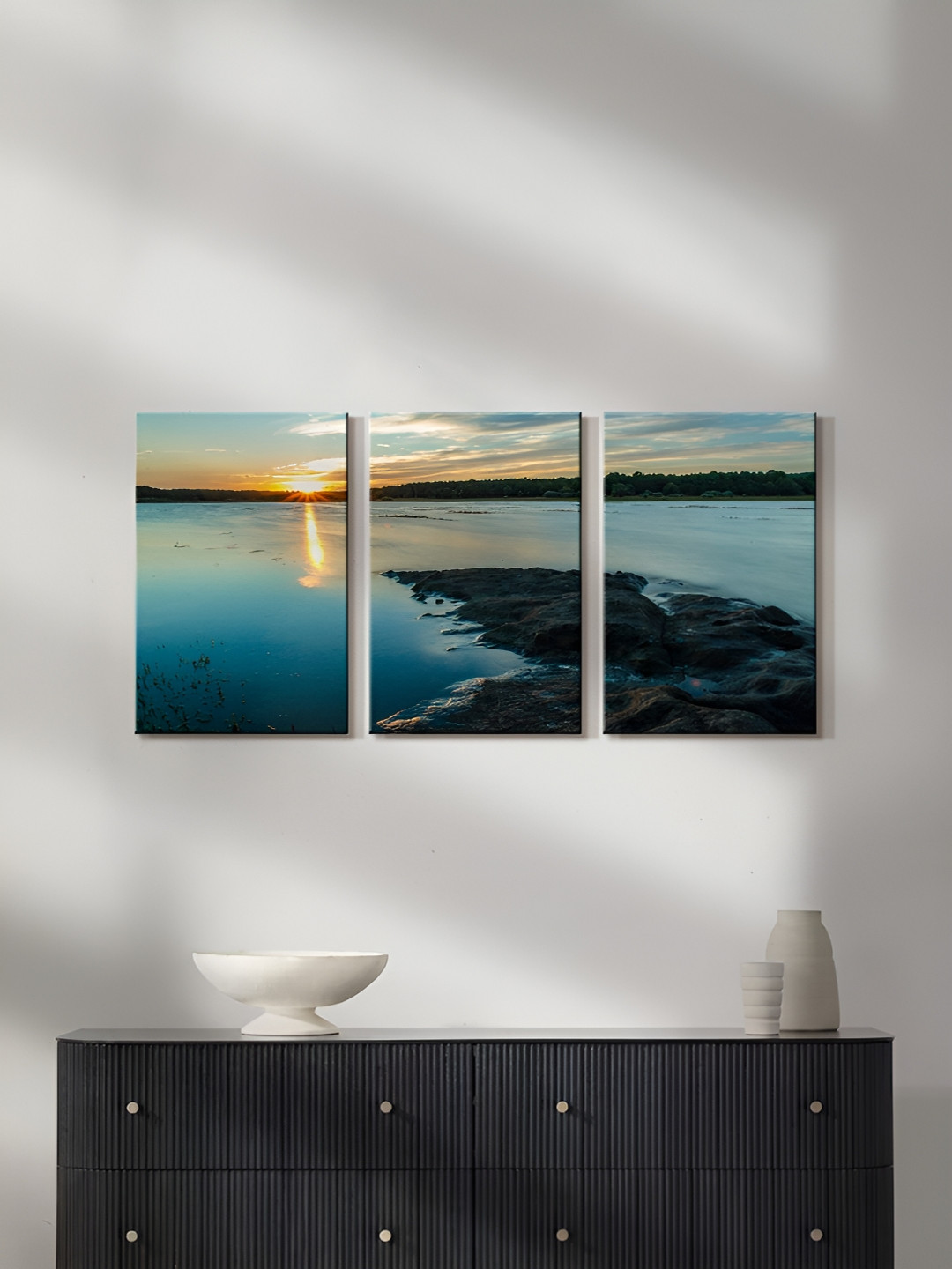 999Store Blue & Green 3 Pieces Jenness Beach Sunrise Painting Wall Arts