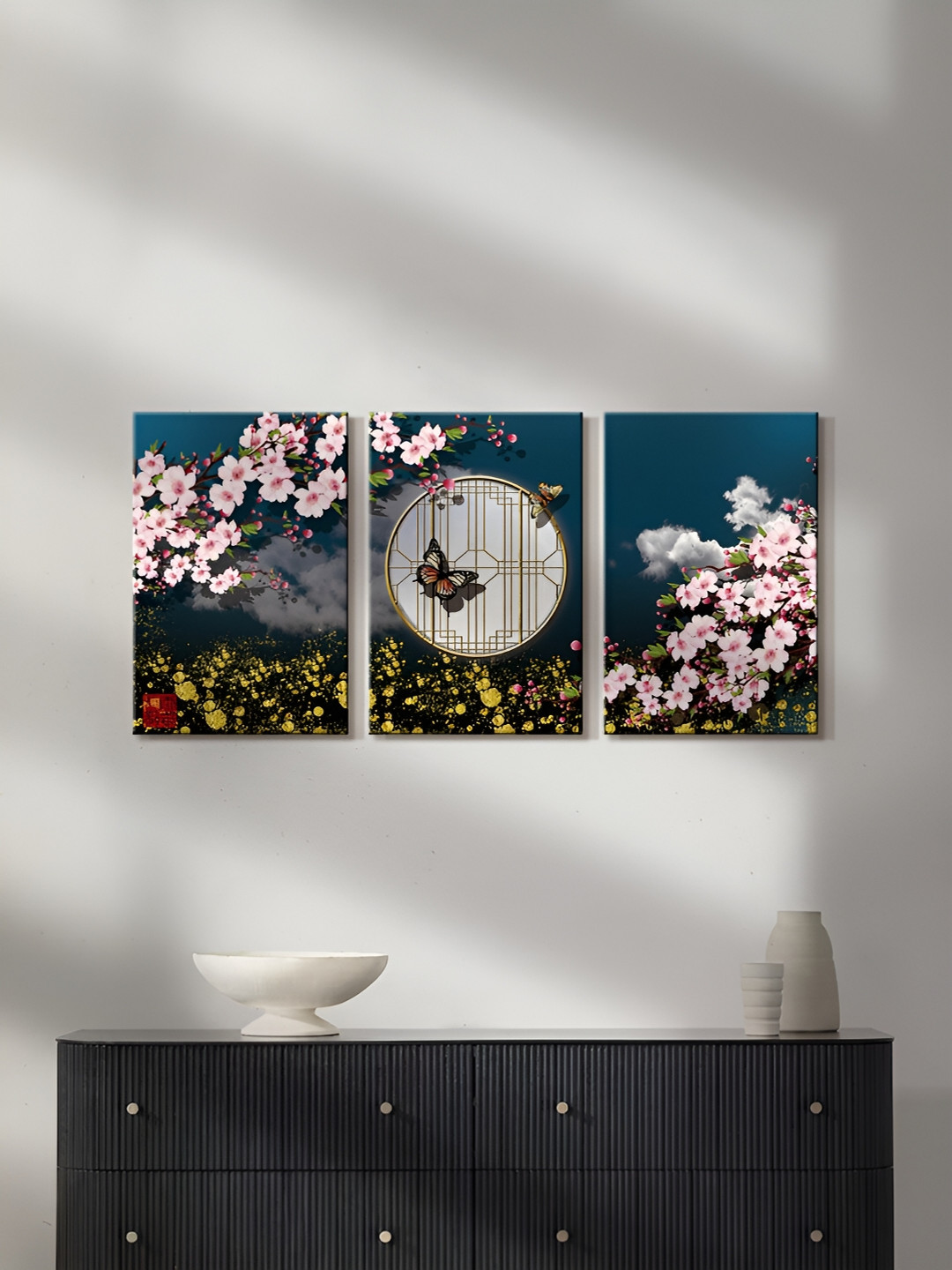 999Store Flowers With Betterfly Canvas 3 Piece Rectangle Paintings Wall Art -16 x 10In