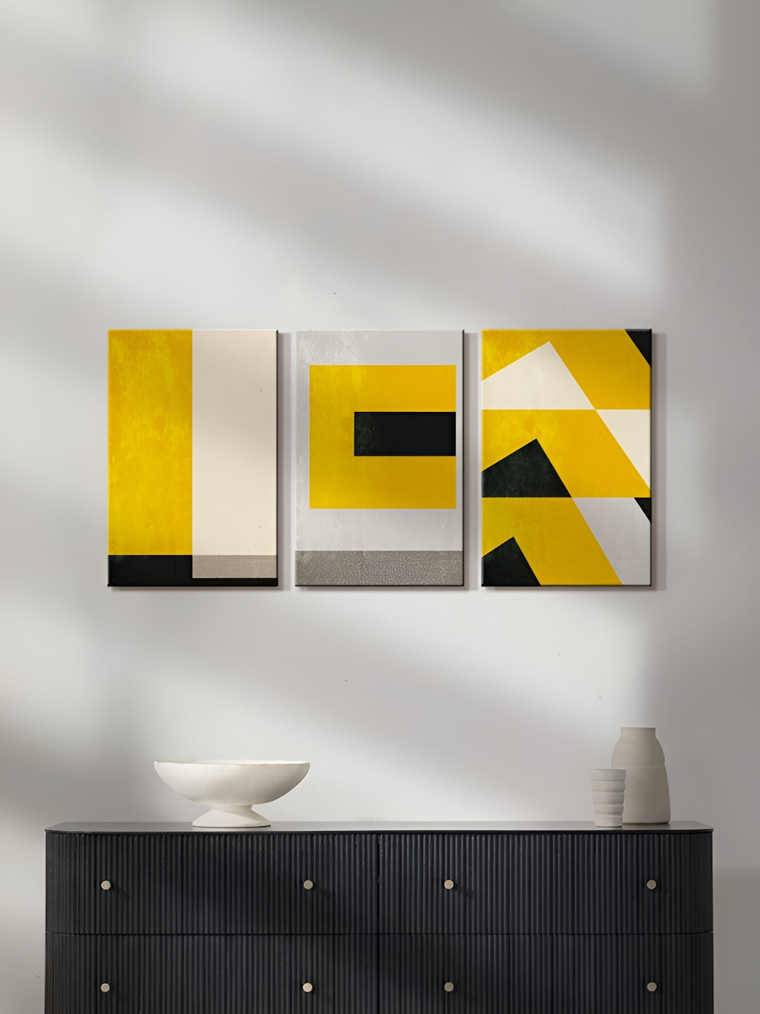 999Store Grey & Yellow 3 Pieces Abstract Canvas Painting Wall Arts