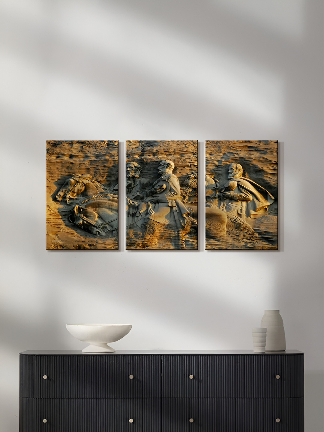 999Store Brown 3 Pieces Printed Stone Horse Mural Painting Wall Arts