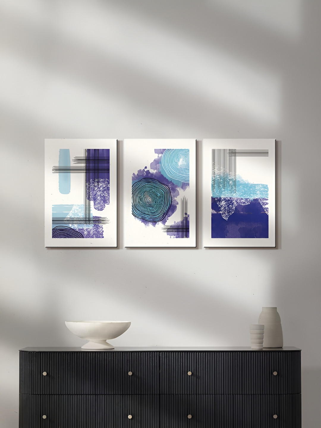 999Store White & Blue 3 Piece Abstract Canvas Painting Wall Arts
