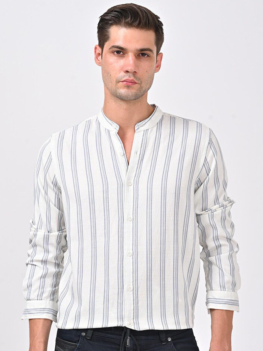 POE Band Collar Long Sleeves Smart Slim Fit Cotton Striped Casual Shirt