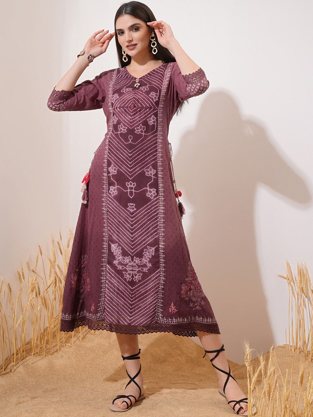 Vishudh Maroon Floral Printed Cotton A-Line Midi Dress