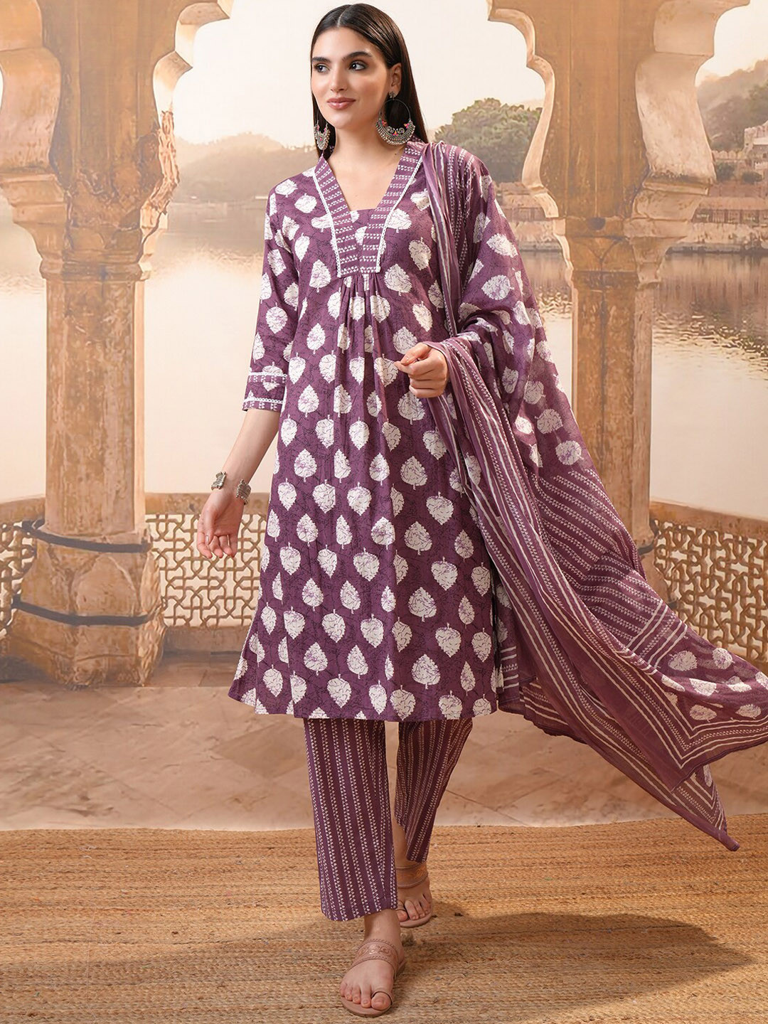 Vishudh Burgundy Floral Printed Pure Cotton A-Line Kurta With Trousers & Dupatta