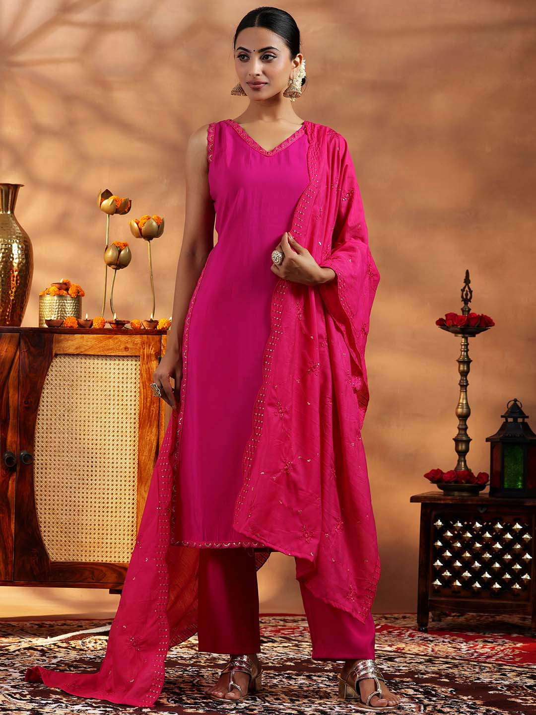 Gerua By Libas High Slit Sequinned Straight Kurta & Trousers & Dupatta