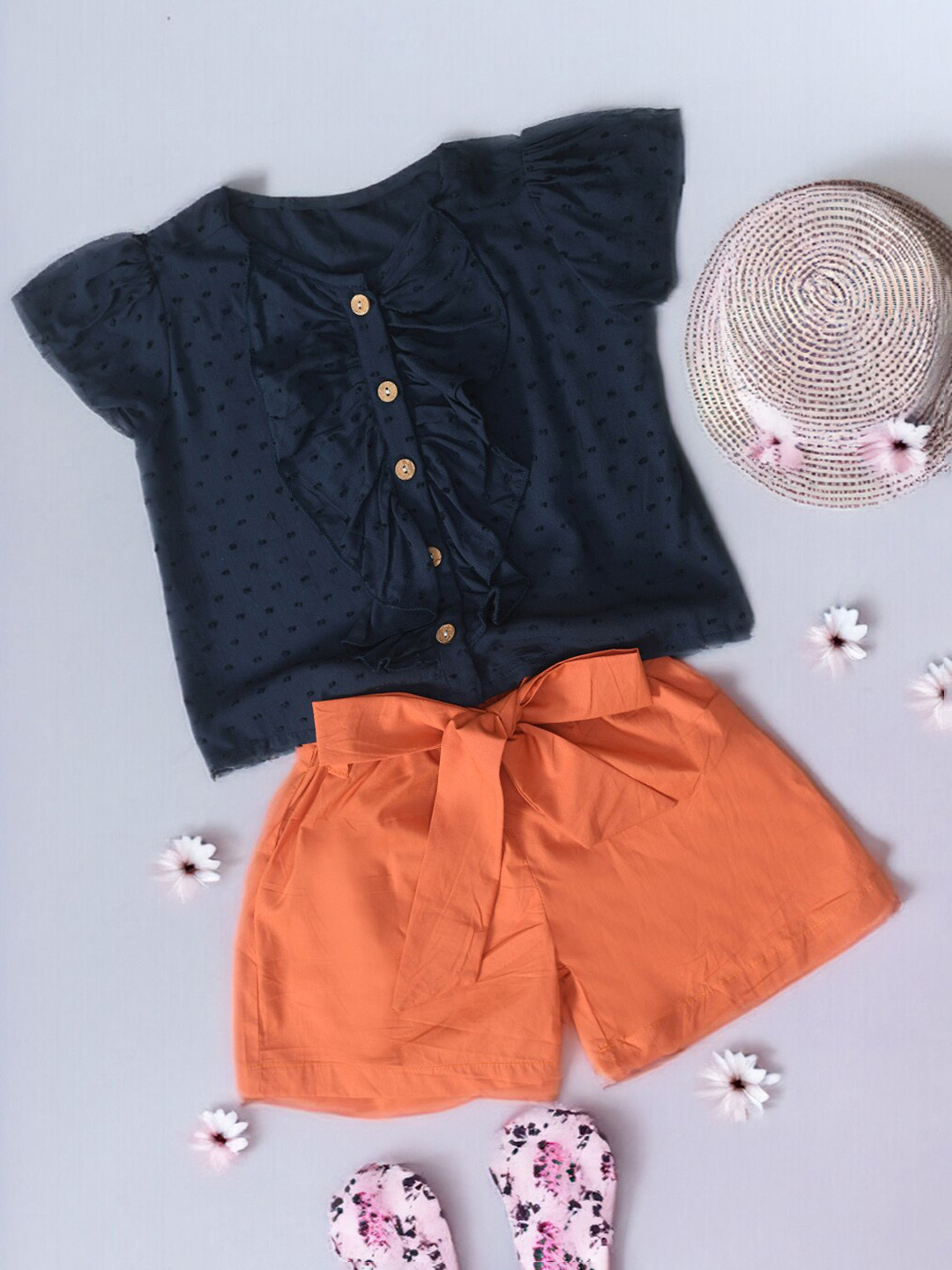 BAESD Girls Self-Design Pure Cotton Round Neck Tie Up Top & Skirt