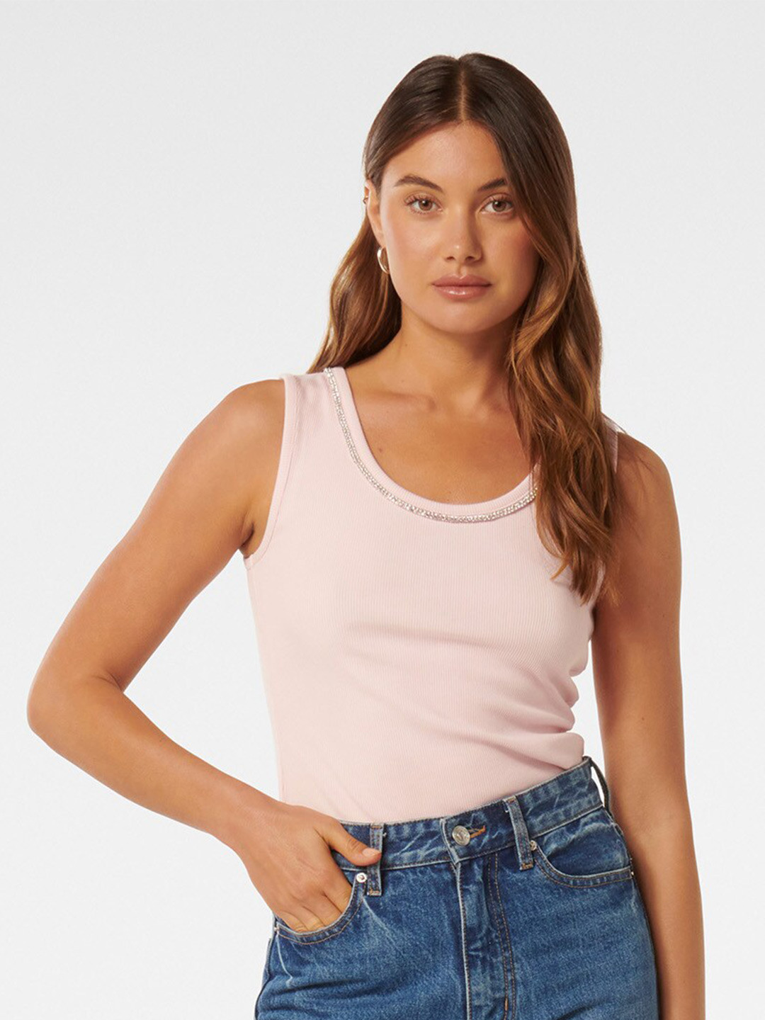 Forever New Stoned Embellished Sleeveless Scoop Neck Fitted Top