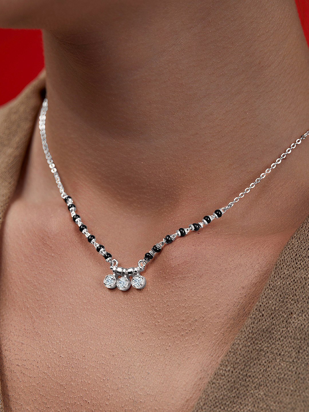 MINUTIAE Silver-Plated Artificial Stones and Beads Mangalsutra