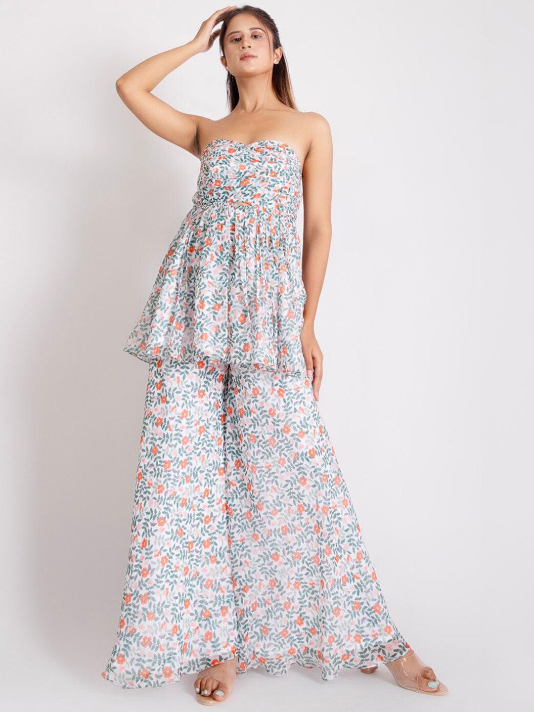 Bee Boe Floral Printed Strapless Sleeveless Top And Palazoos