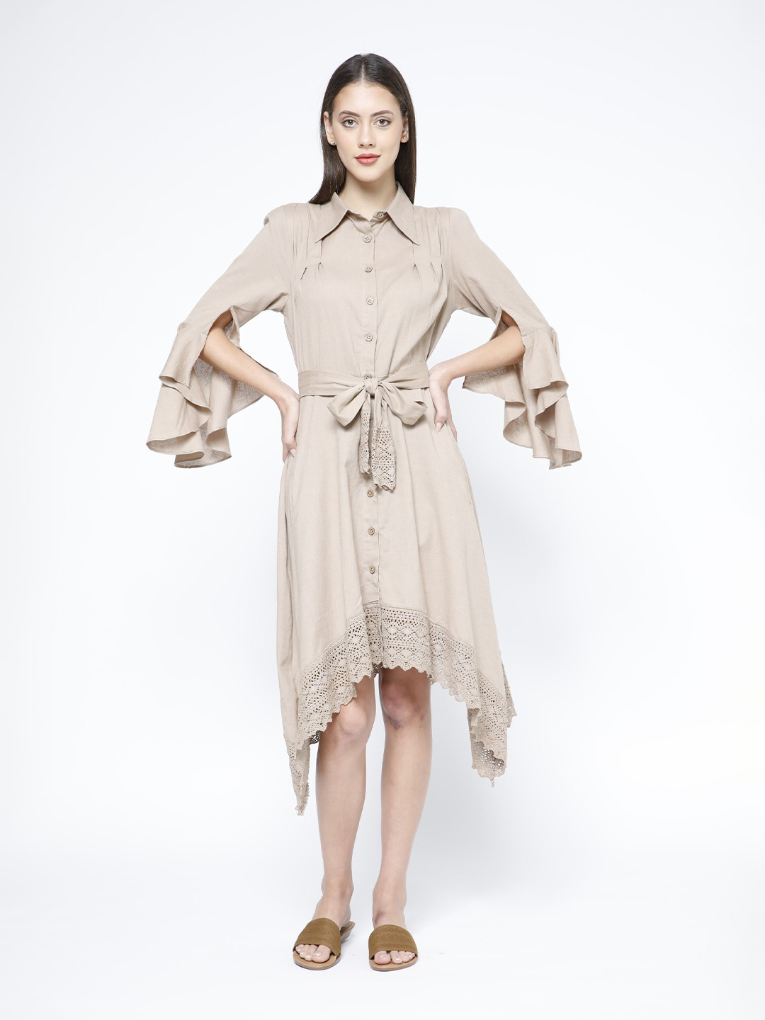 SAMMYUKK Bell Sleeve Midi Belt Shirt Dress