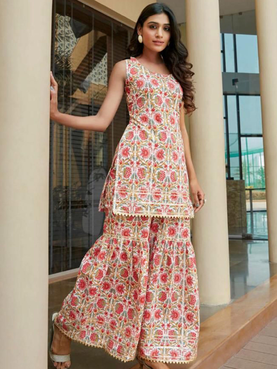 AAFAMI Floral Printed Round Neck Sleeveless Gotta Patti Kurta with Sharara