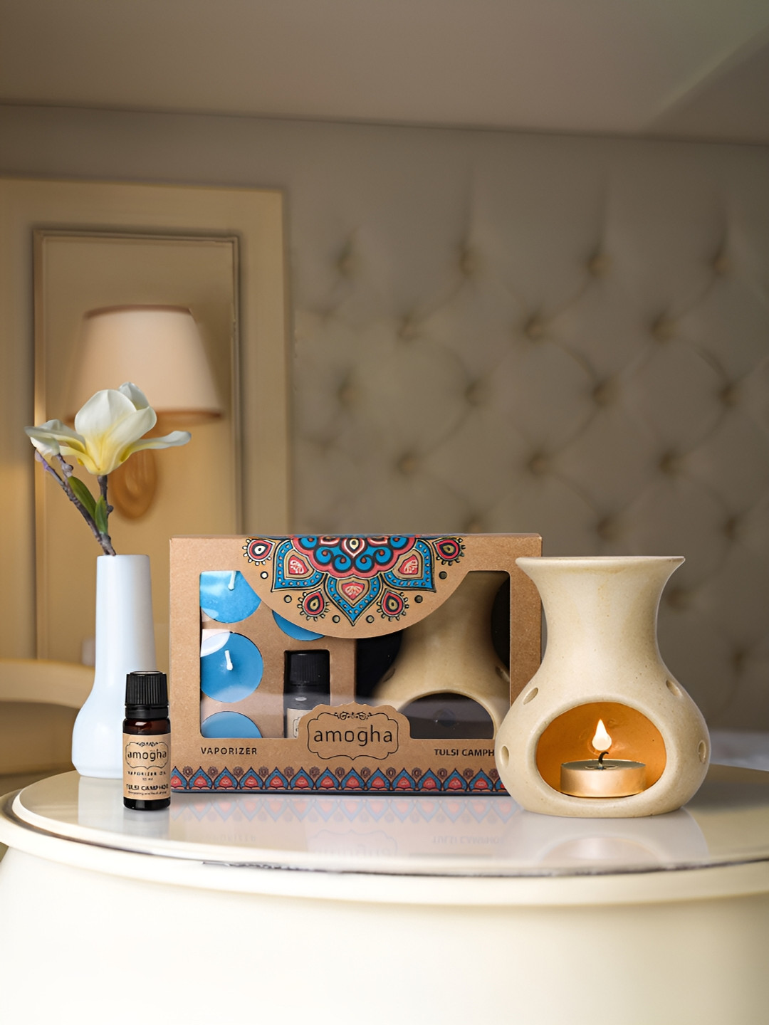 Iris Beige Amogha Lavender Khus Fragrance Vaporizer with 4 Tealights and 10ml oil