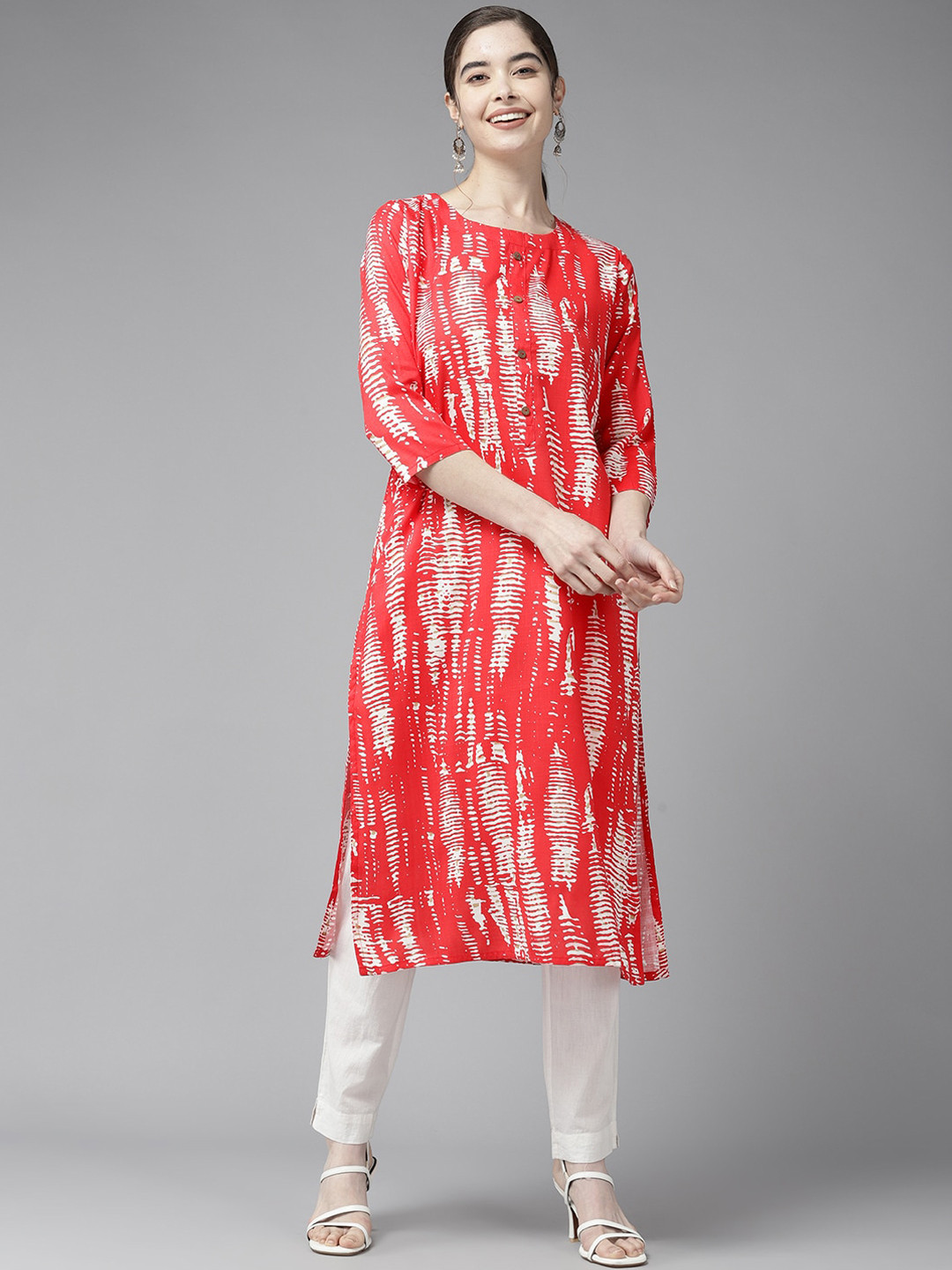 BAESD Abstract Printed Round Neck Flared Mirror Work Cotton A-Line Kurta