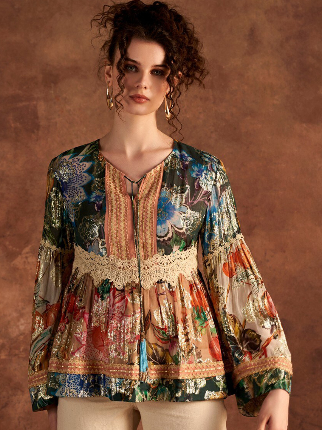 VERB BY PALLAVI SINGHEE Floral Printed Tie-Up Neck Embroidered Georgette Peplum Top