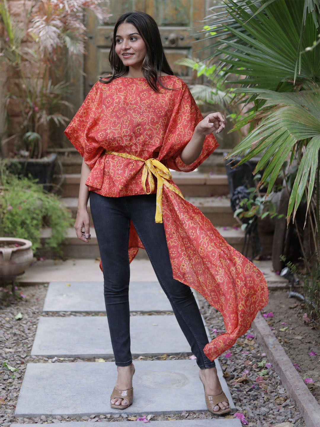 Exotic India Assorted Vintage Pure Silk Red Drape Top