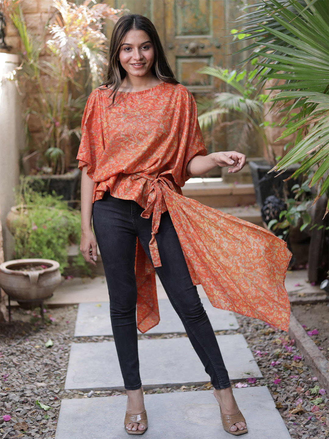Exotic India Orange Assorted Vintage Pure Silk Drape Top