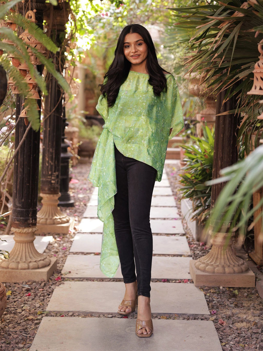 Exotic India Jade Lime Vintage Pure Silk Side Knot Top