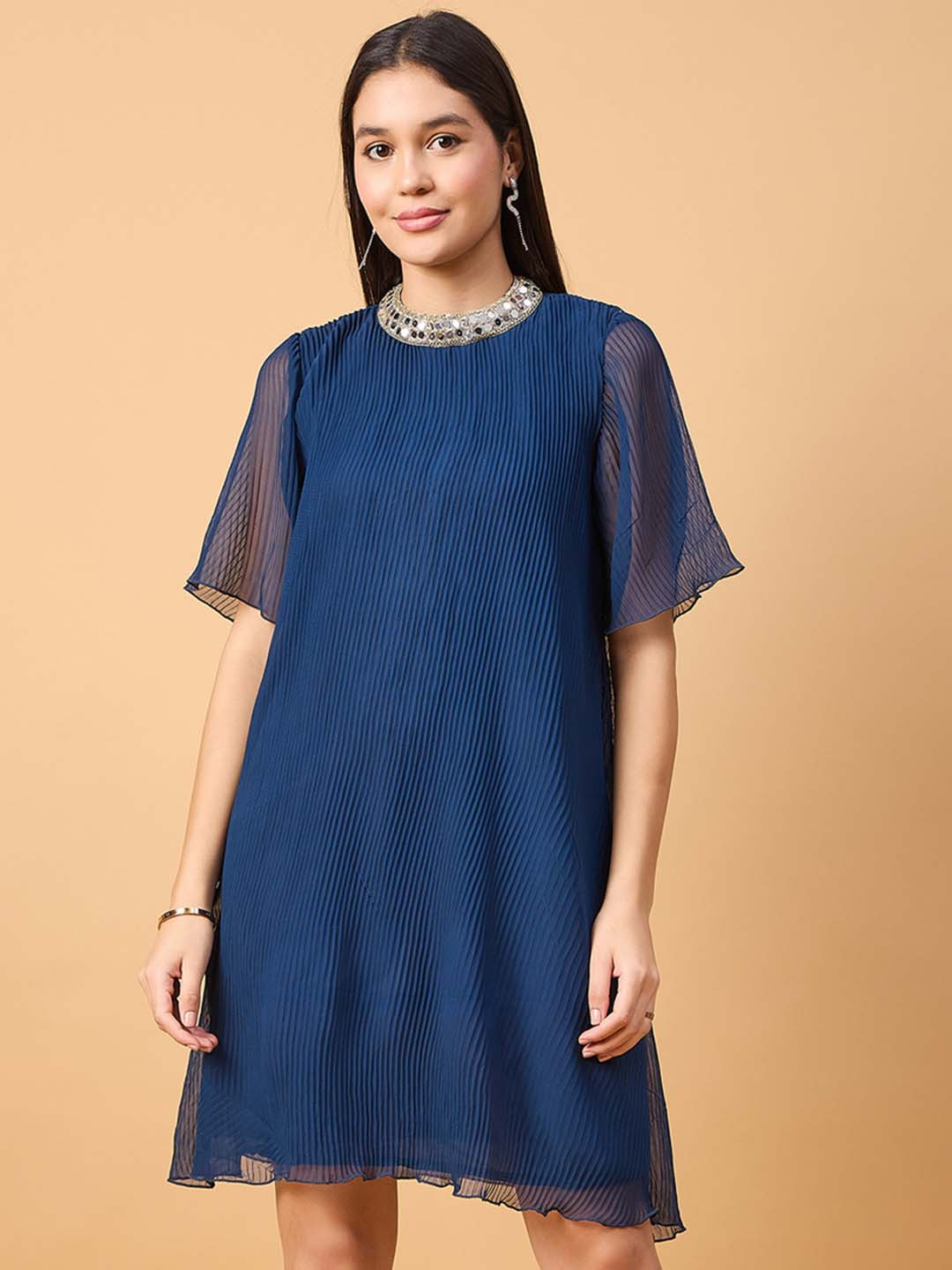 DRAPE AND DAZZLE Self Design Flared Sleeve Straight A-Line Dress