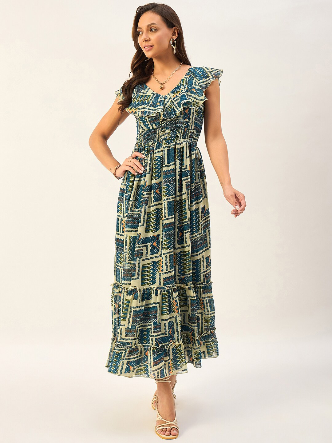 DRAPE AND DAZZLE Geometric Print V-Neck Flutter Sleeve Maxi Dress