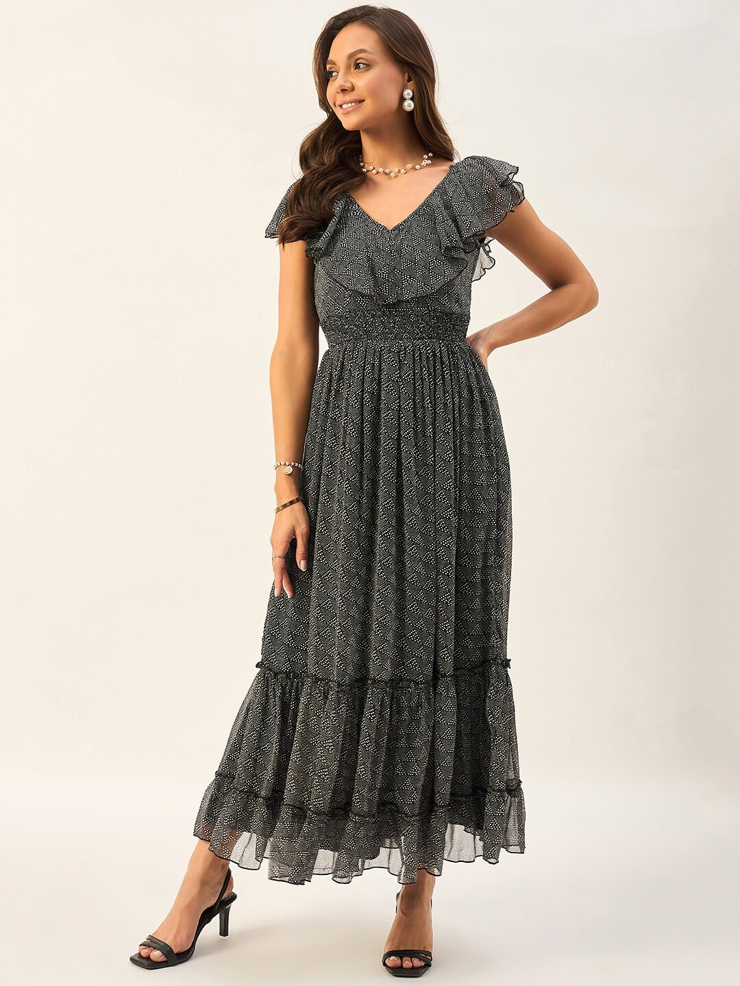 DRAPE AND DAZZLE Abstract Self Design V-Neck Flounce Flutter Sleeve Maxi Dress