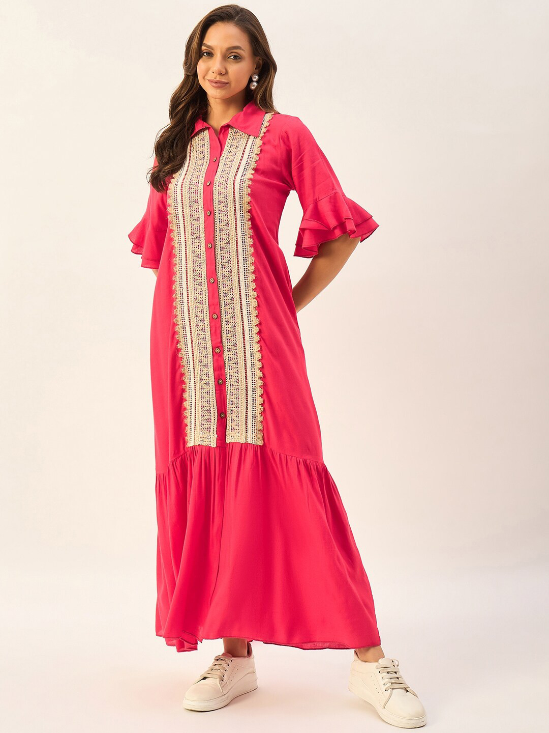 DRAPE AND DAZZLE Geometric Printed Shirt Collar Flared Bell Sleeve Maxi Dress
