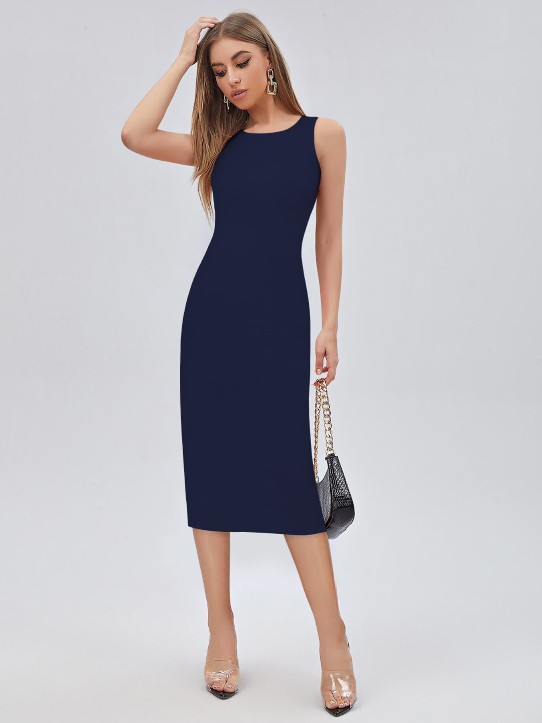 TOOCHKI Women Boat Neck Solid Sleeveless Cut Out Design Midi Bodycon Dress