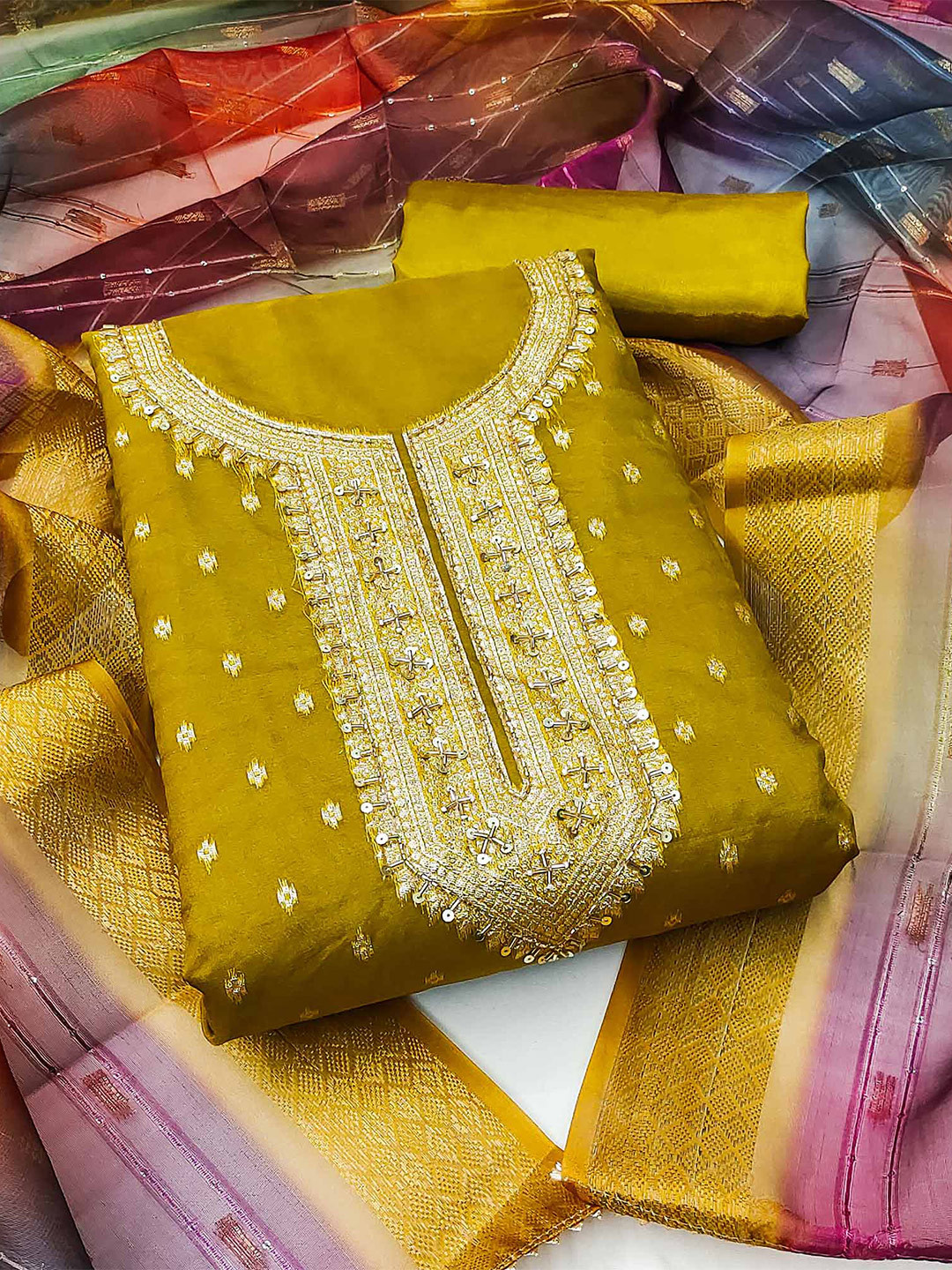 Peachmode Woven Design Beads and Stones Organza Unstitched Dress Material