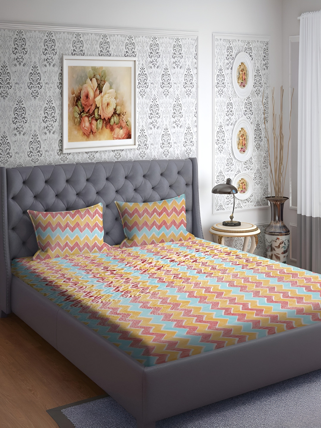 RRC Orange Chevron Cotton 160 TC King Bedsheet with 2 Pillow Covers-106 x 106 inches