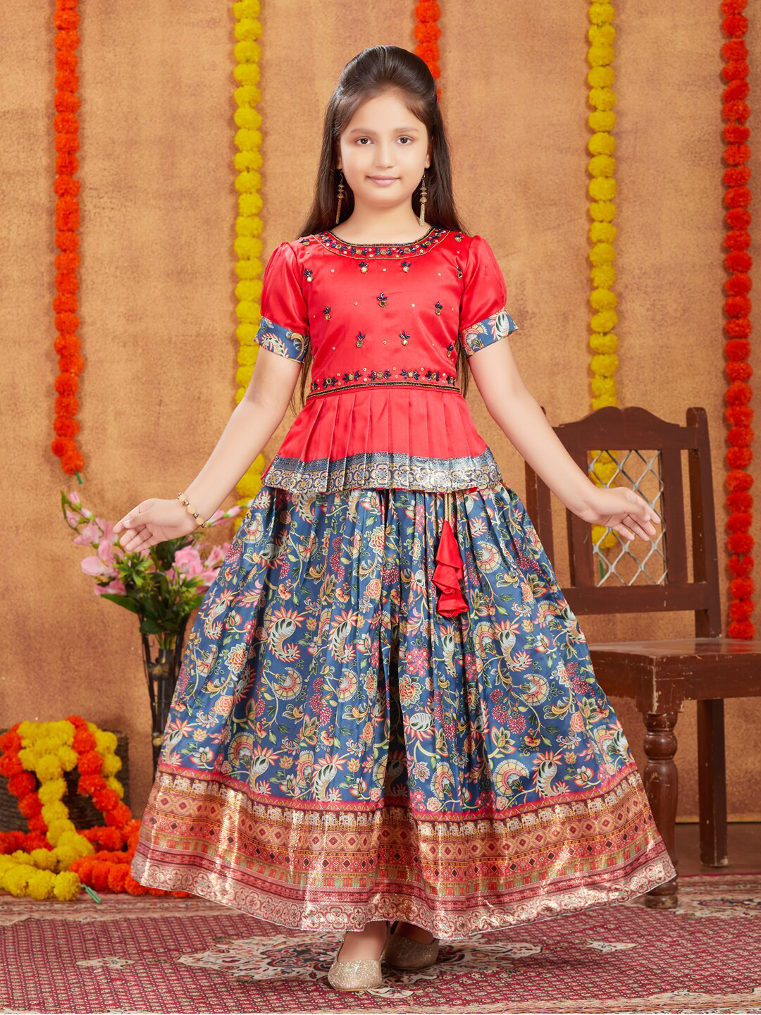 BAESD Girls Embroidered Puff Sleeves Silk Ready to Wear Lehenga & Blouse