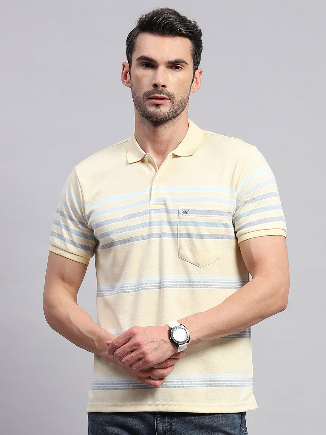 Monte Carlo Striped Polo Collar Cotton Pocket T-shirt