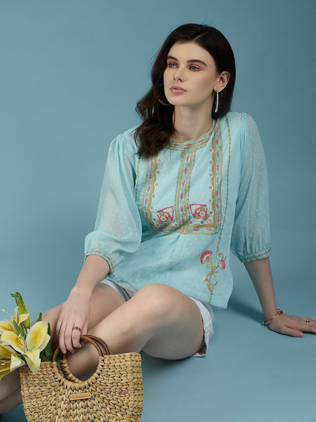 DressBerry Floral Embellished Round Neck Puff Sleeve Top