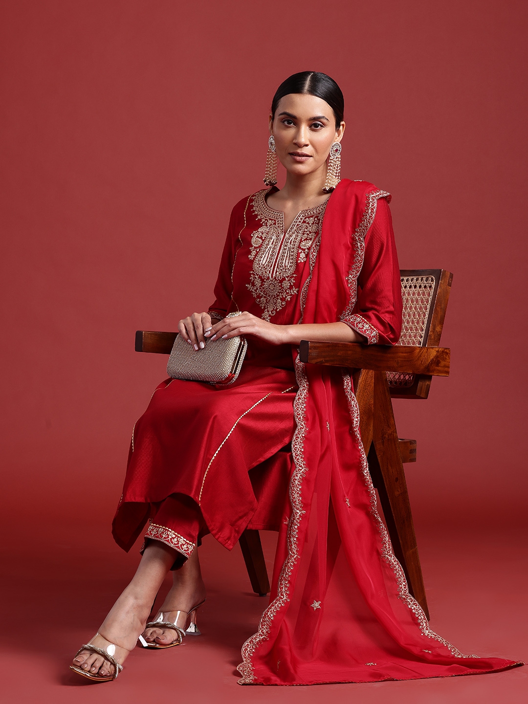 Indo Era Ethnic Motifs Yoke Design Zari Panelled Liva Kurta With Trousers & Dupatta - Kurta Sets for Women 29489536 | Myntra