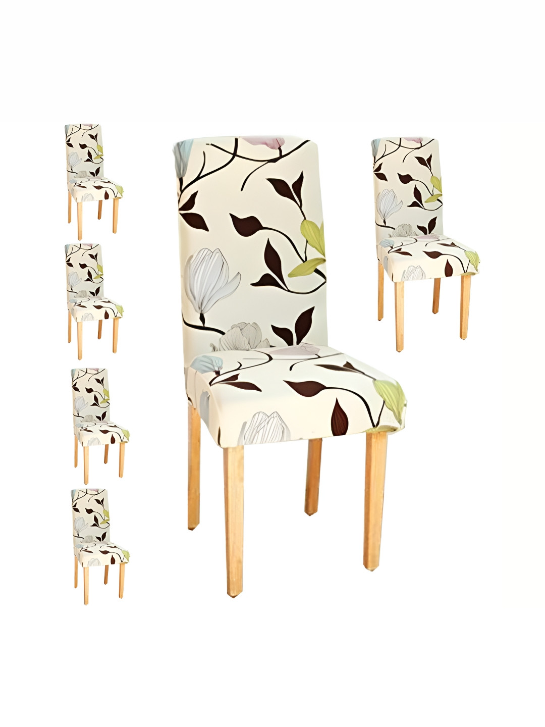 DECOR VATIKA Cream Colored & Brown 6-Piece Printed Stretchable Chair Covers