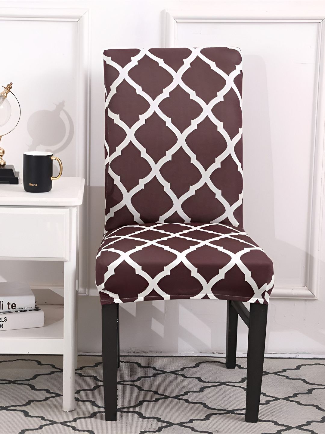 DECOR VATIKA  Brown & White 6-Piece Printed Stretchable Chair Covers
