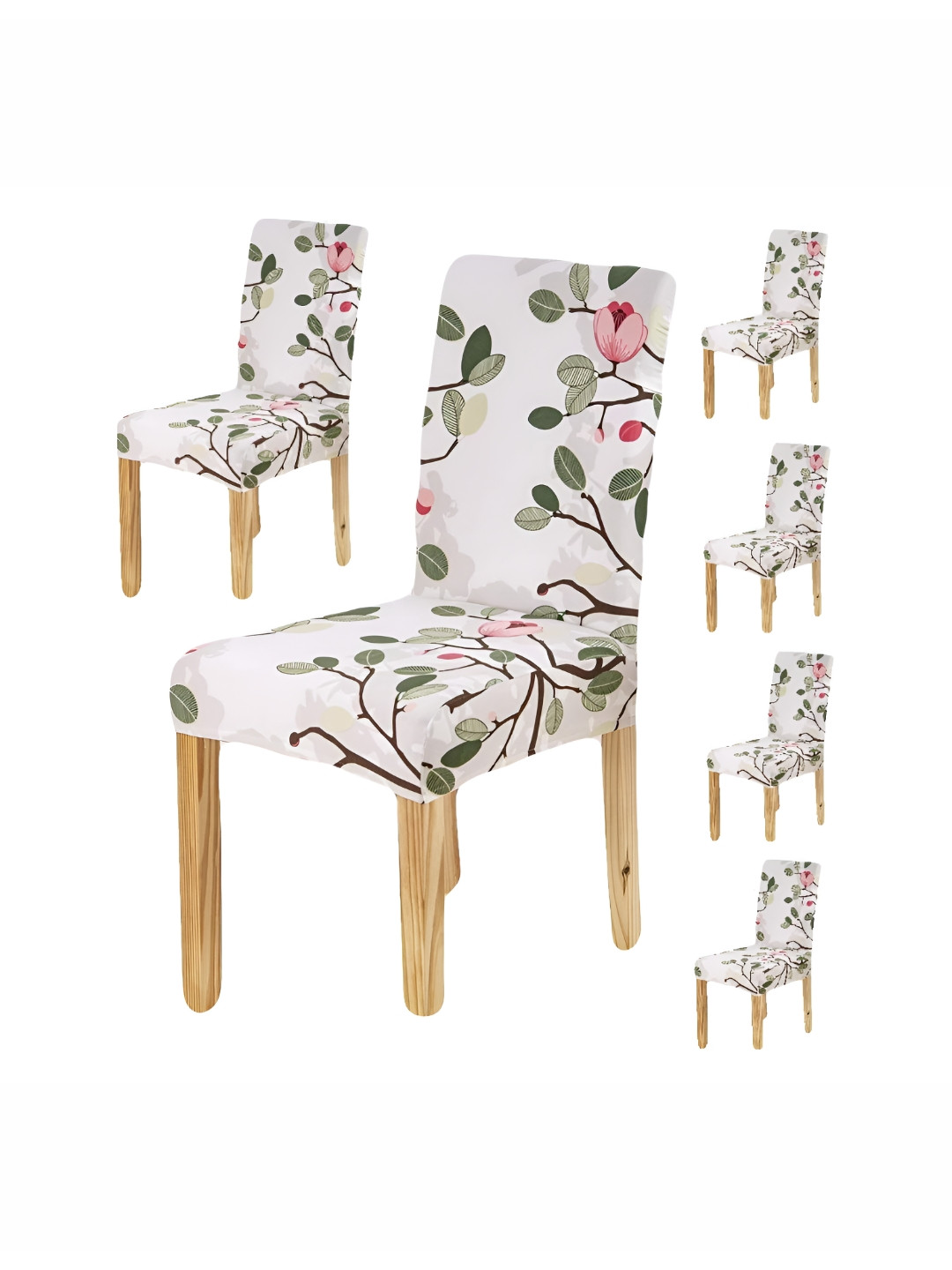 DECOR VATIKA White & Green 6 Pieces Printed Stretchable Chair Covers
