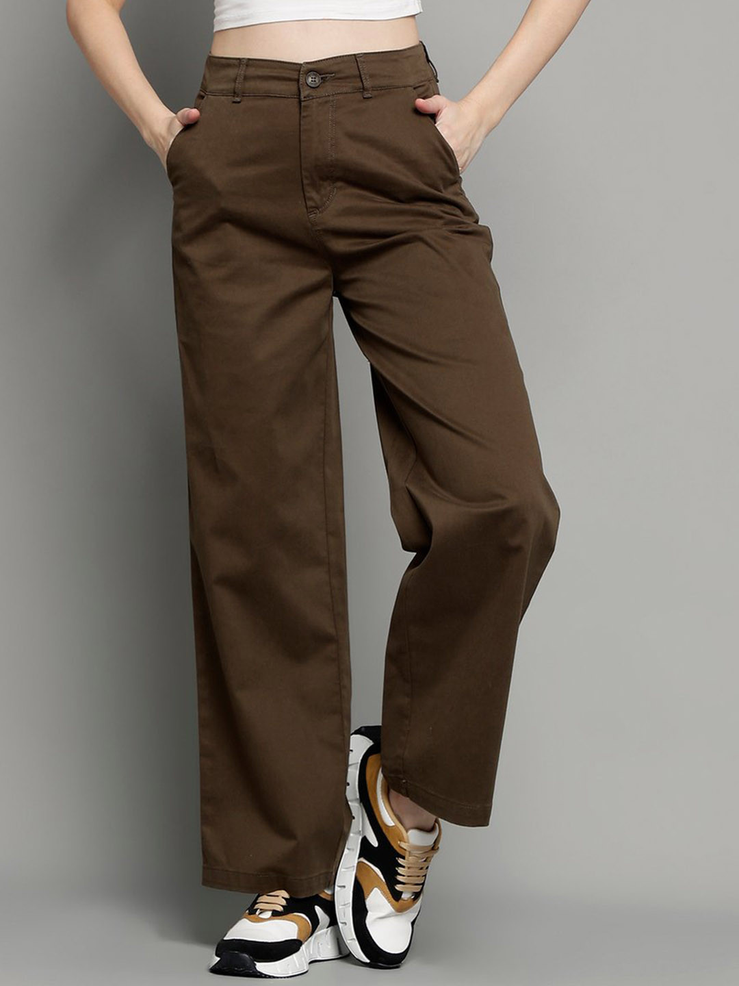 Xpose Women Comfort Straight Fit High-Rise Easy Wash Pure Cotton Regular Trousers