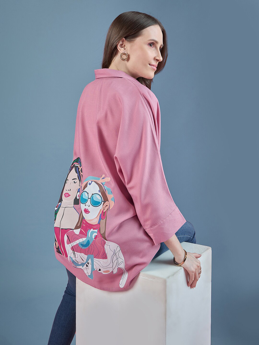 DressBerry Graphic Printed Concealed Button Placket Oversized Casual Shirt