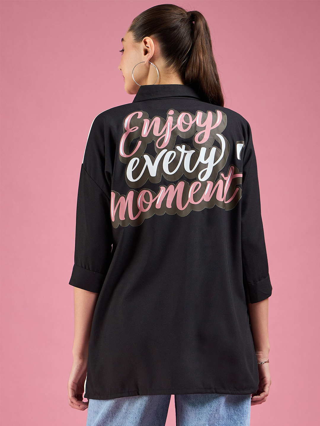 DressBerry Typography Printed Concealed Button Placket Oversized Casual Shirt