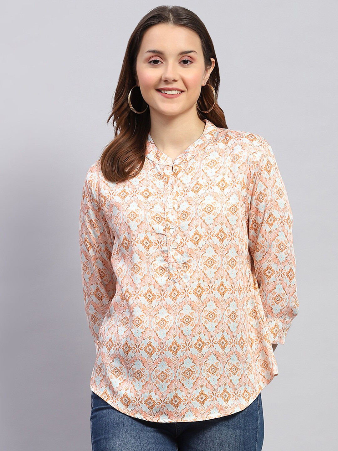 Monte Carlo Ethnic Motifs Printed Mandarin Collar Three-Quarter Sleeves Top
