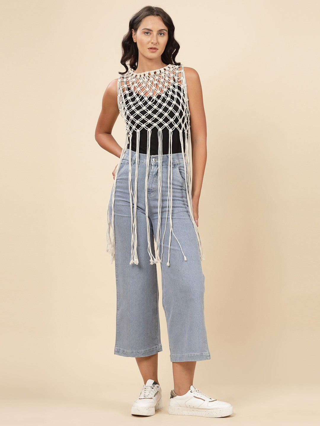 Velvery Self Design Bohemian Cotton Crochet Maxi Longline Top